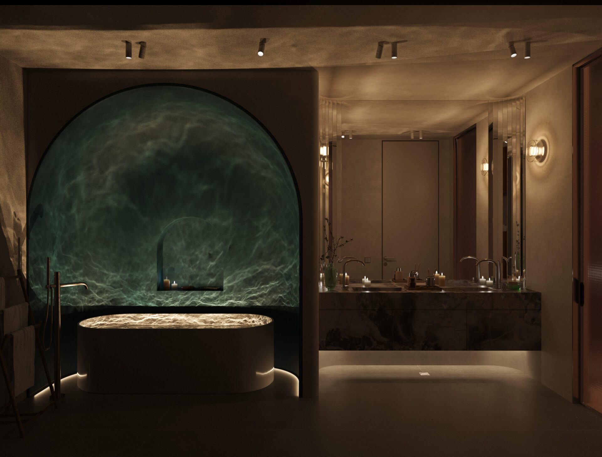 Dimly lit luxury bathroom with a large circular tub in a teal-green alcove, candlelight around the tub, and a marble vanity with double sinks along mirrored walls.