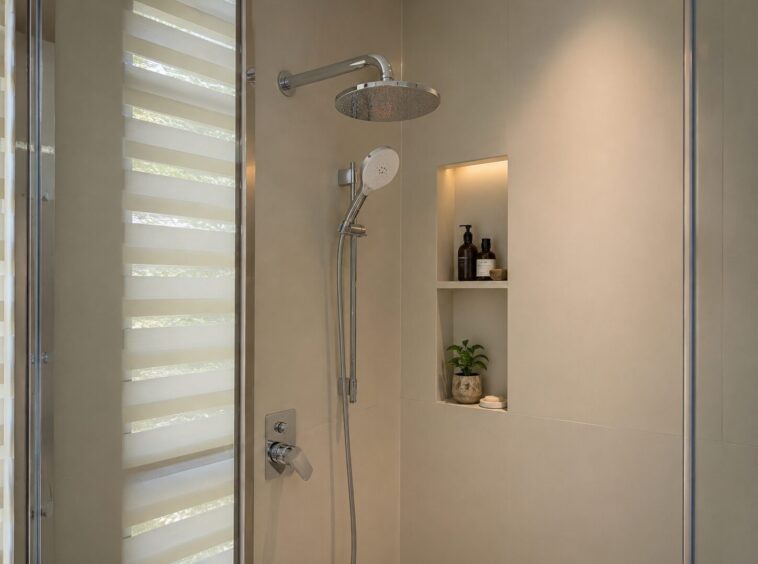 Modern walk-in shower with a ceiling rainfall head, handheld sprayer, and a recessed shelf holding bottles and a small plant.