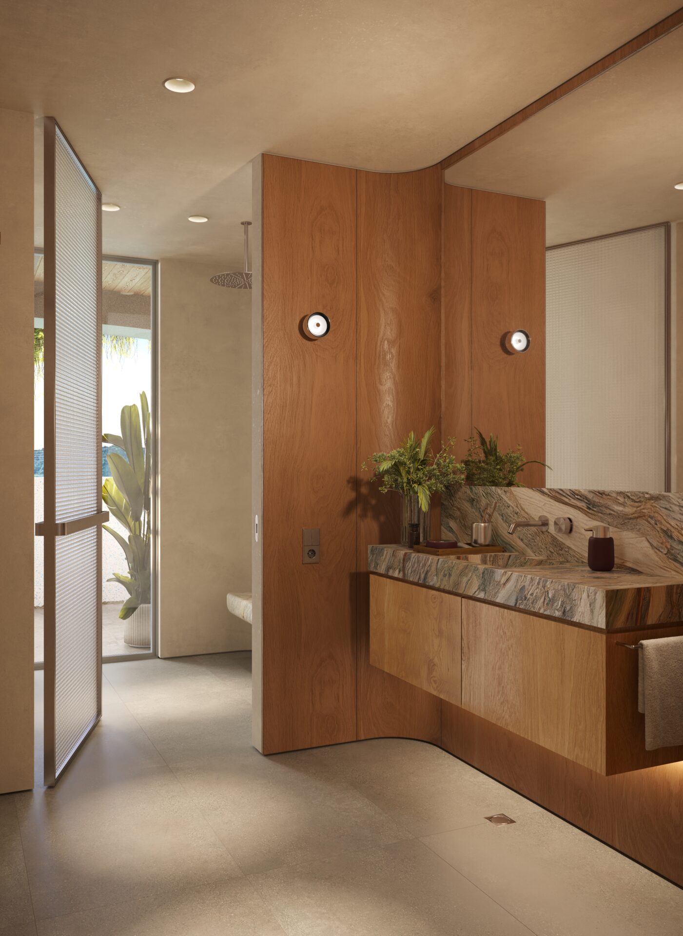 Modern bathroom with warm wood cabinets, marble countertop, and potted plants; shower area visible in back.