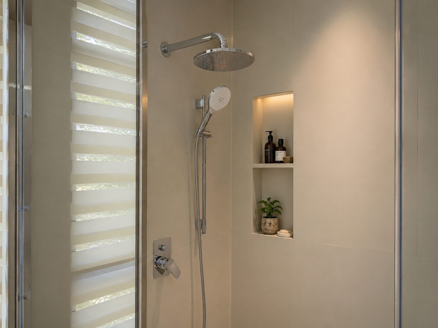 Modern walk-in shower with a ceiling rainfall head, handheld sprayer, and a recessed shelf holding bottles and a small plant.