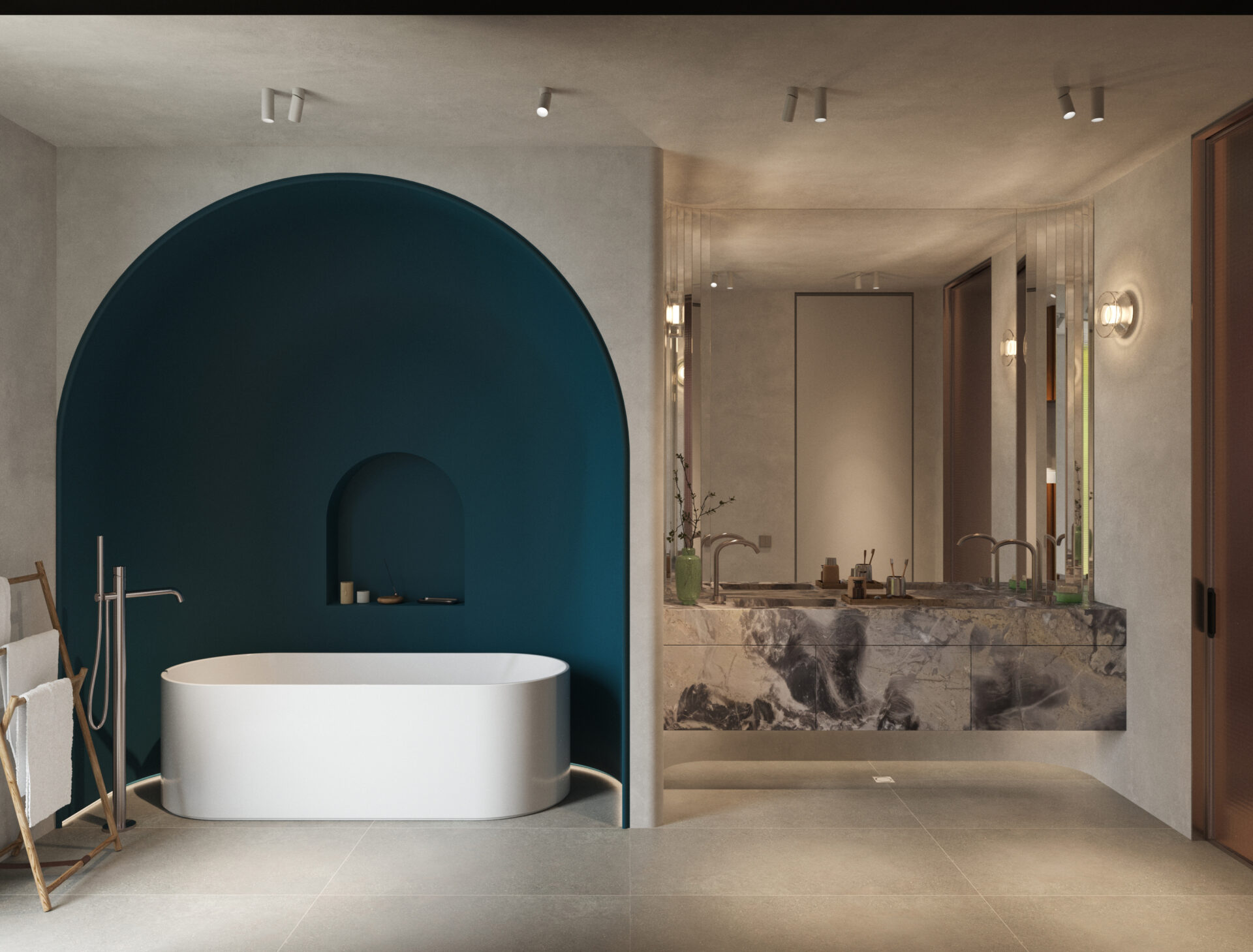 Modern bathroom with a white freestanding tub in a teal curved alcove and a marble vanity with a large mirror.