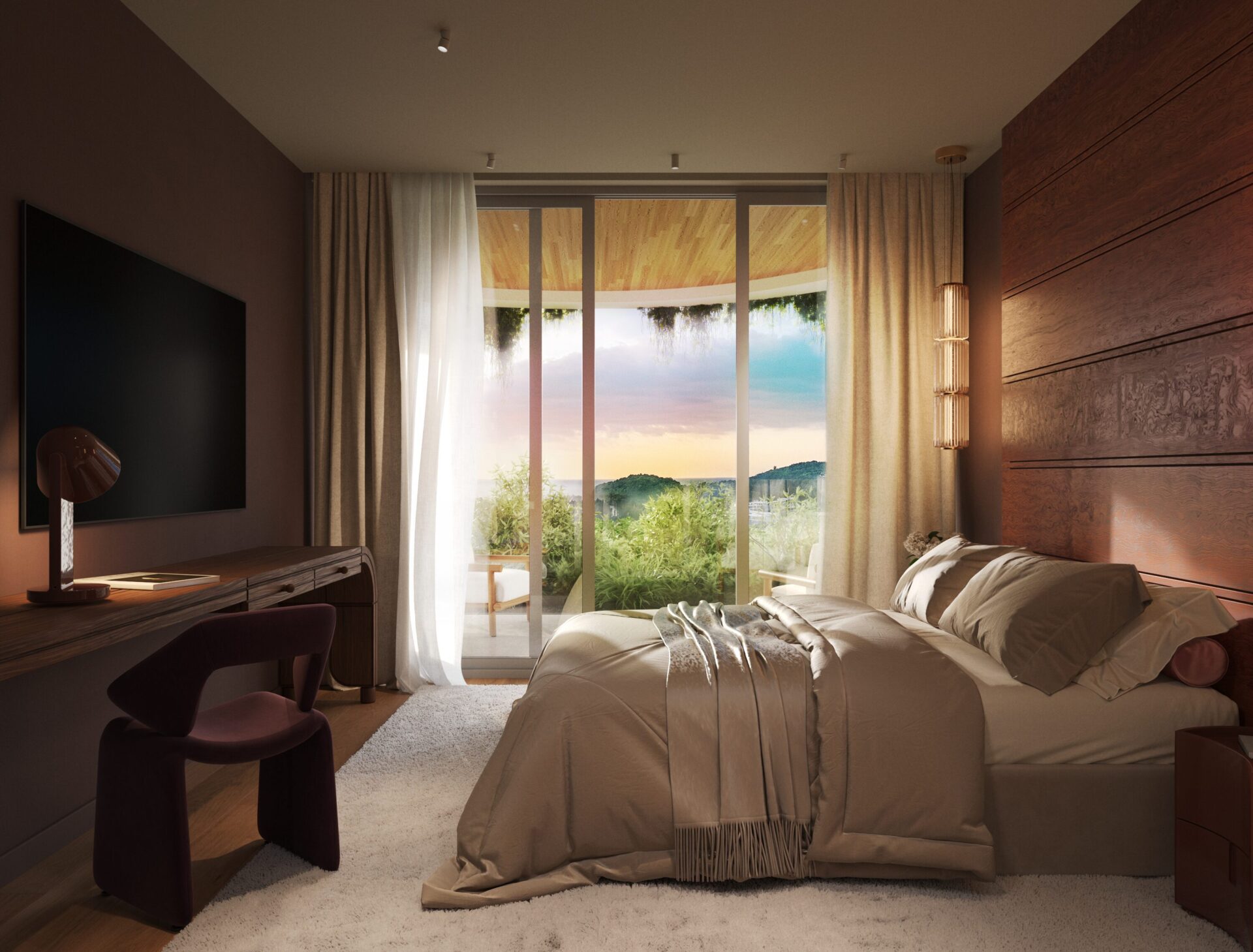 Bedroom with a large bed in beige bedding, beige curtains, and glass doors opening to a balcony with a sunset over greenery.