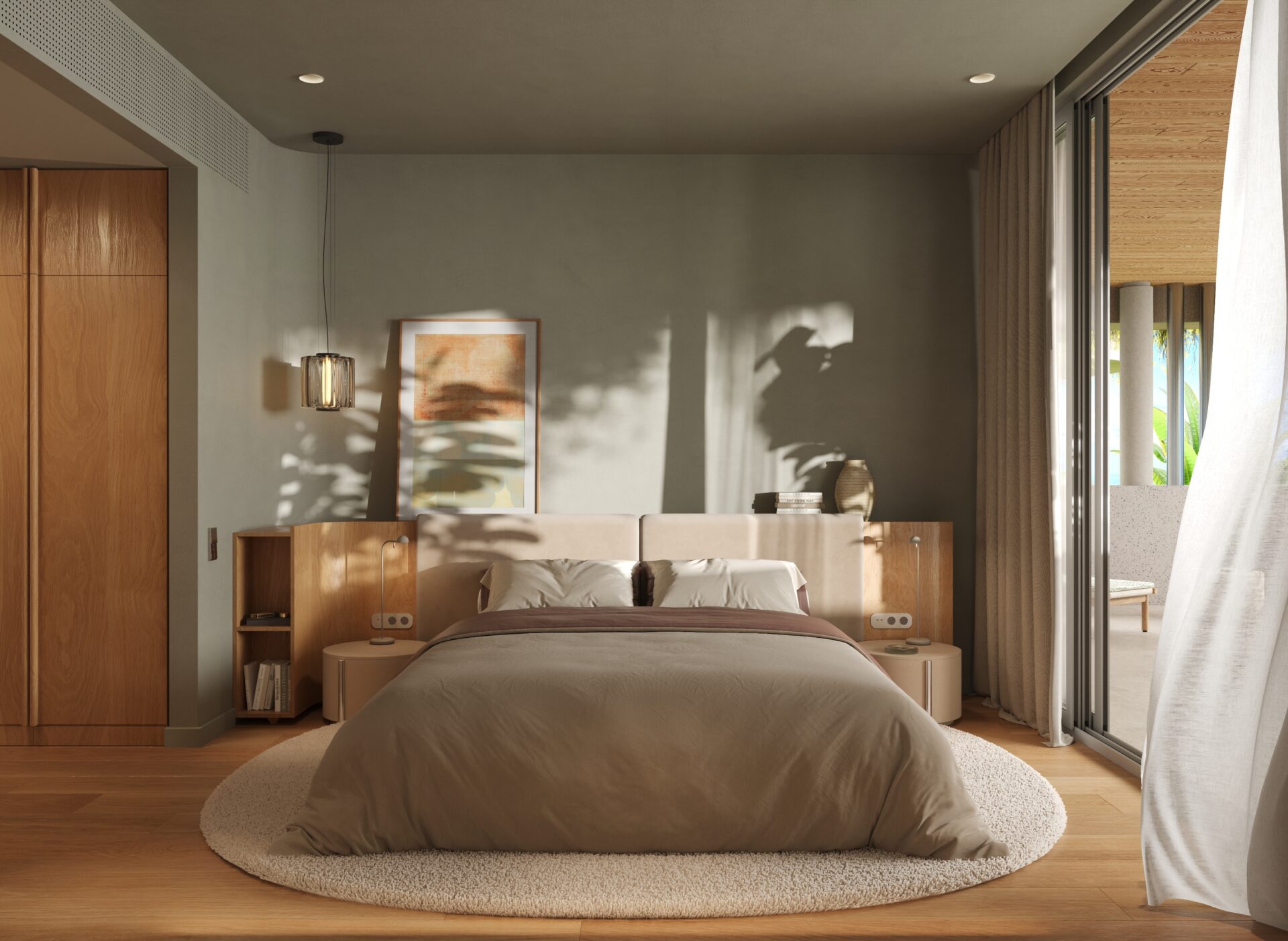 Modern bedroom with a low wooden headboard, taupe bedding, and sliding glass doors to a sunny patio.