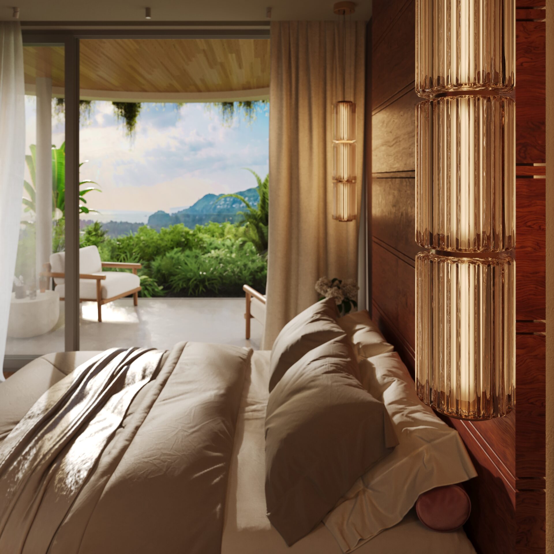 Hotel bedroom with beige bedding, copper ribbed column lamps, and a view of lush greenery and distant mountains through glass doors.