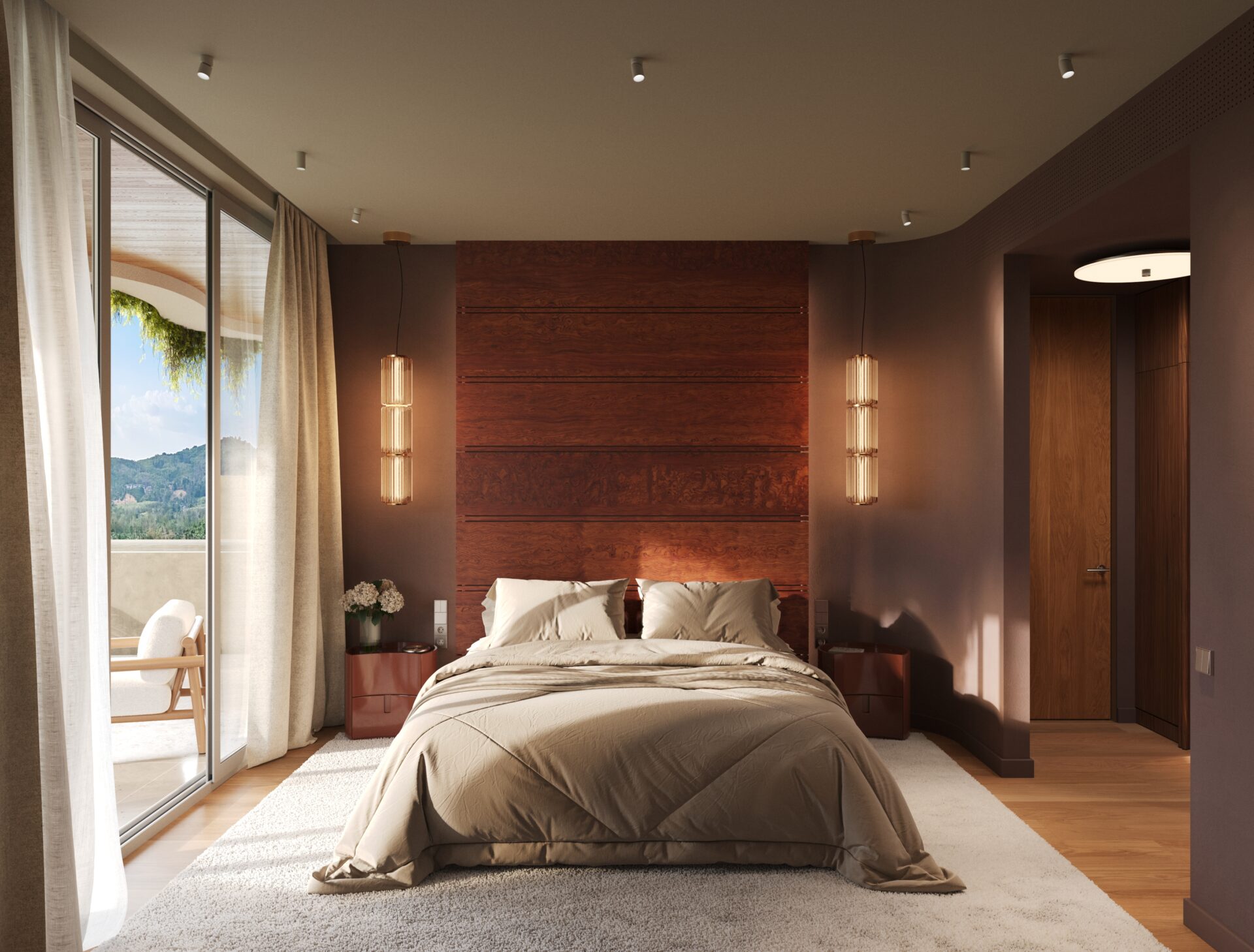 Luxurious bedroom with a large bed, taupe bedding, and a dark wood paneled headboard flanked by hanging pendant lights; sliding doors to a balcony on the left.