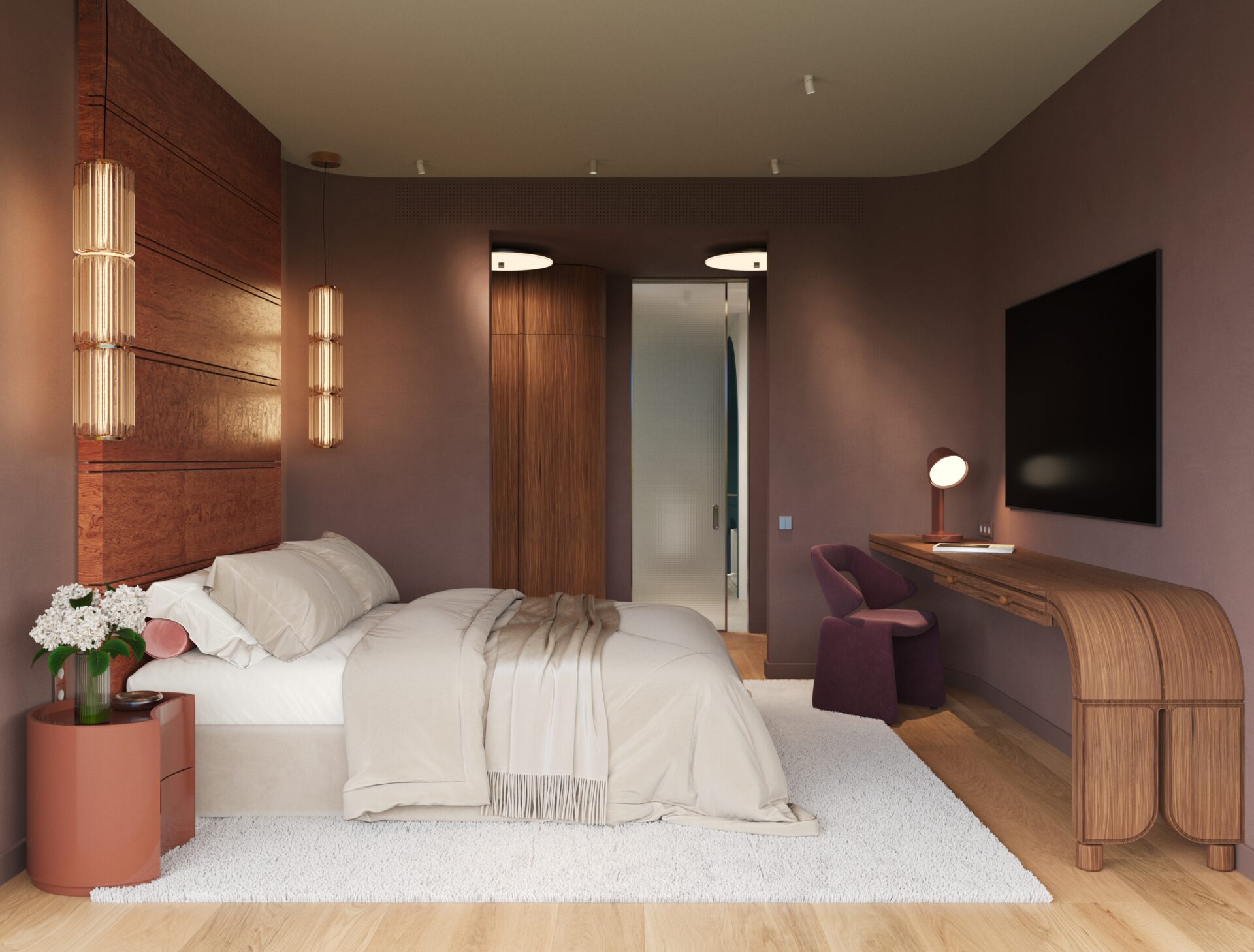 Modern hotel bedroom with a large bed, beige bedding, and a pink side table with flowers on the left; purple walls and wooden accents create a warm look.