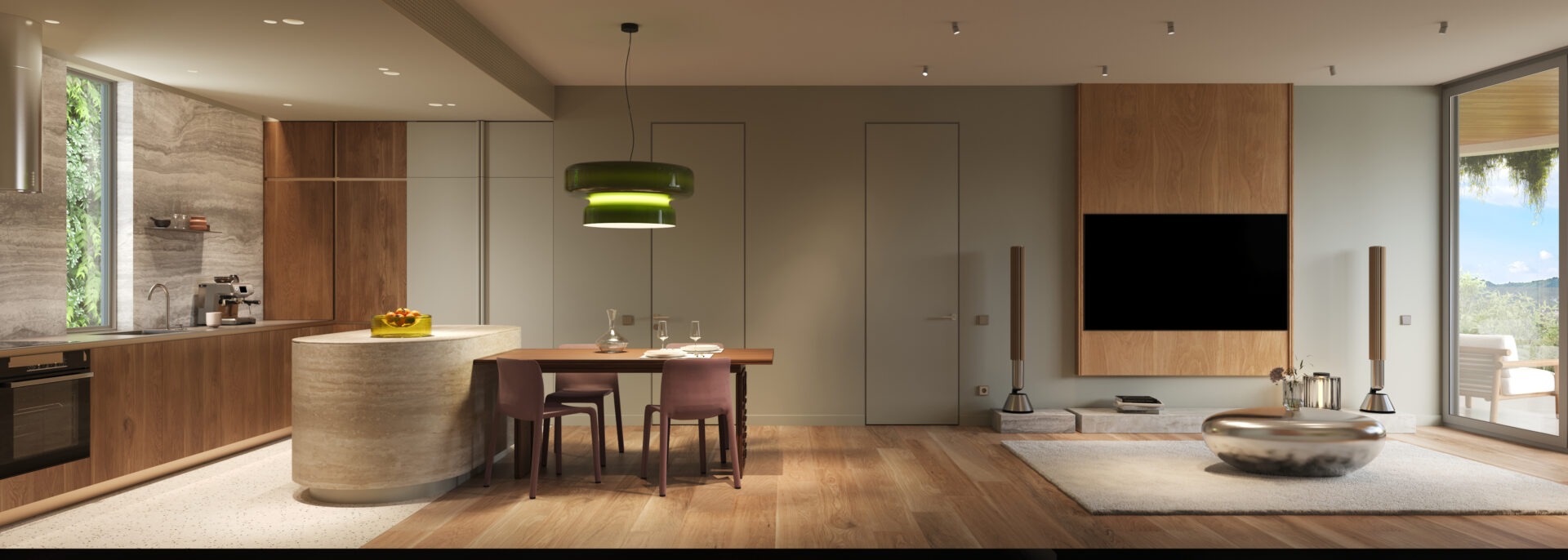Open-concept living space with a wood kitchen, curved stone island, dining table for four, and a wall-mounted TV in a neutral-toned room.
