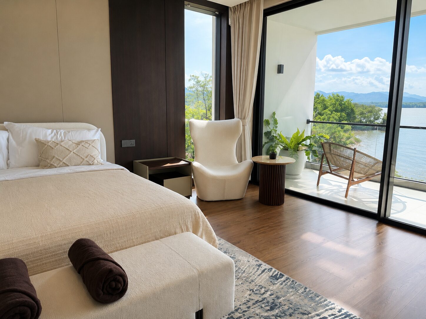 Hotel bedroom with cream bedding and a white bench, balcony doors open to a lake-view terrace