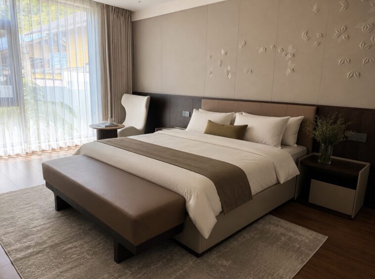 King-size bed with neutral bedding and a beige bench at the foot, flanked by nightstands and a vase of greenery in a modern hotel room. Accessible natural light from large windows with sheer curtains.