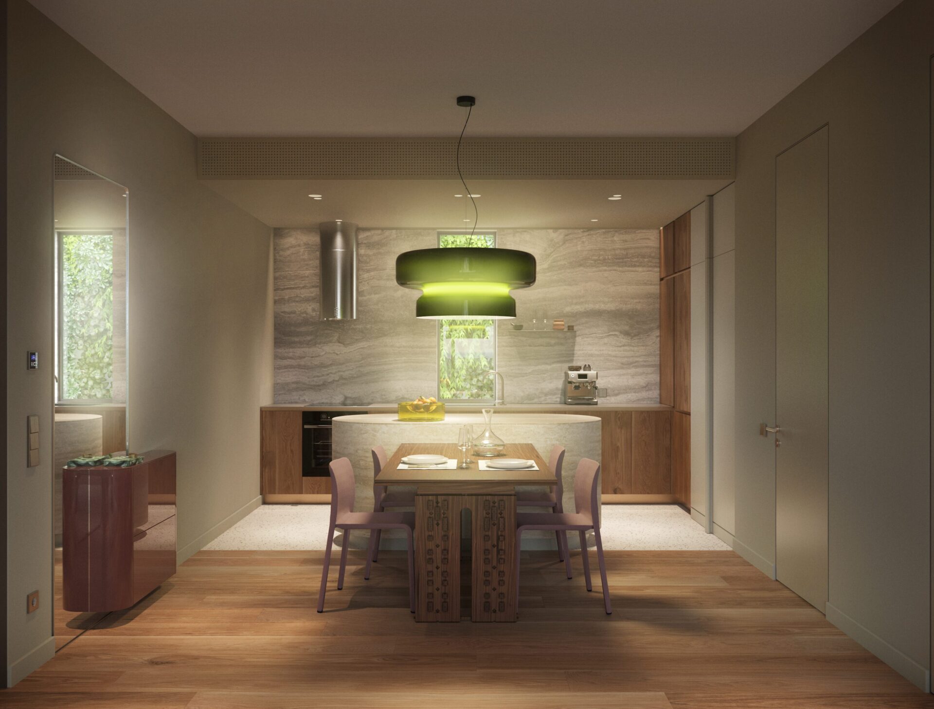 Modern open-plan dining area with a wooden table, purple chairs, and a green pendant light over a marble kitchen island.