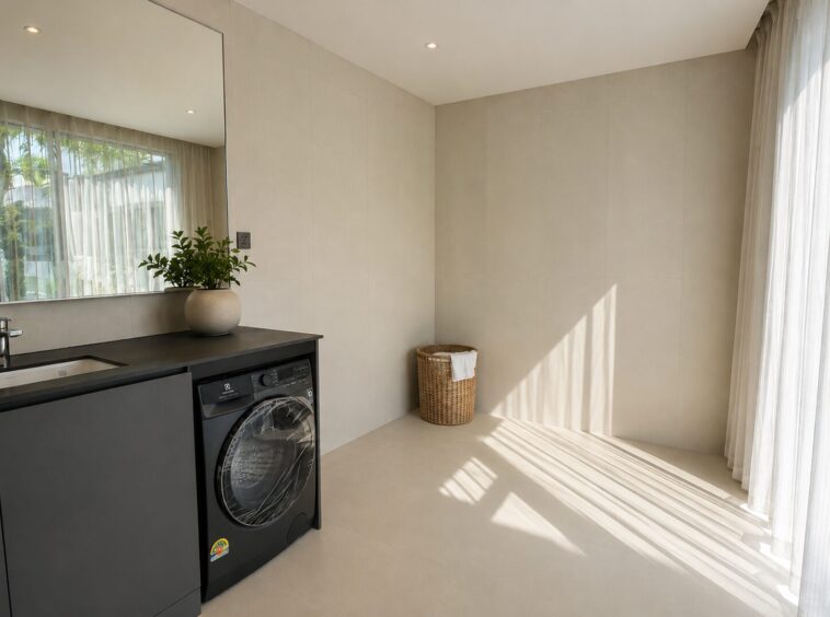 Laundry room with dark countertop, sink, mirror, a potted plant, and a front-loading washing machine near a sunlit floor with a wicker basket beside it.