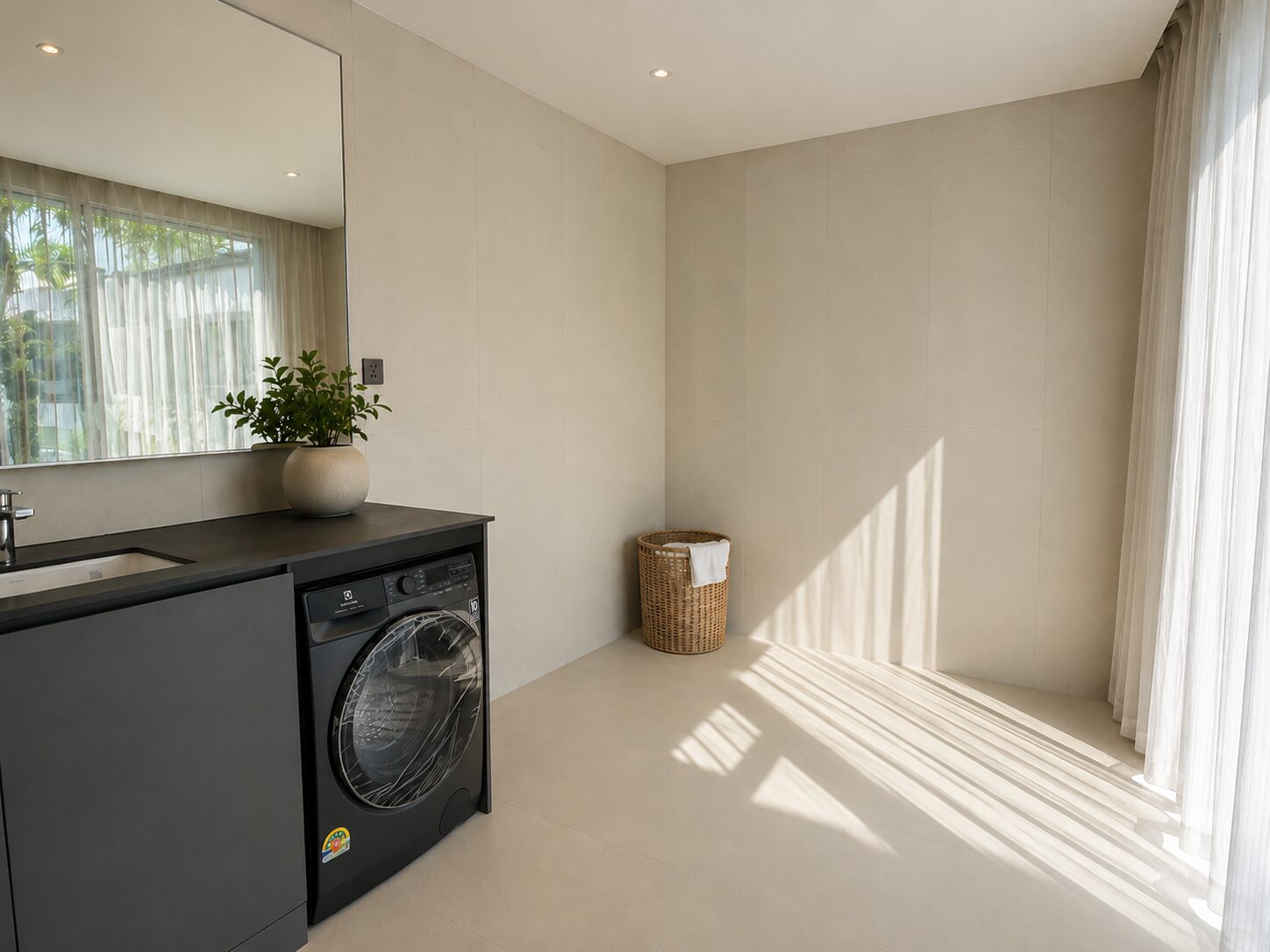Laundry room with dark countertop, sink, mirror, a potted plant, and a front-loading washing machine near a sunlit floor with a wicker basket beside it.
