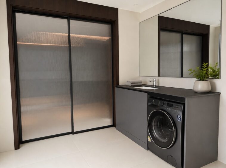 Modern laundry room with a front-loading washing machine under a dark countertop, sink, towels, and a potted plant, next to a frosted glass sliding door.