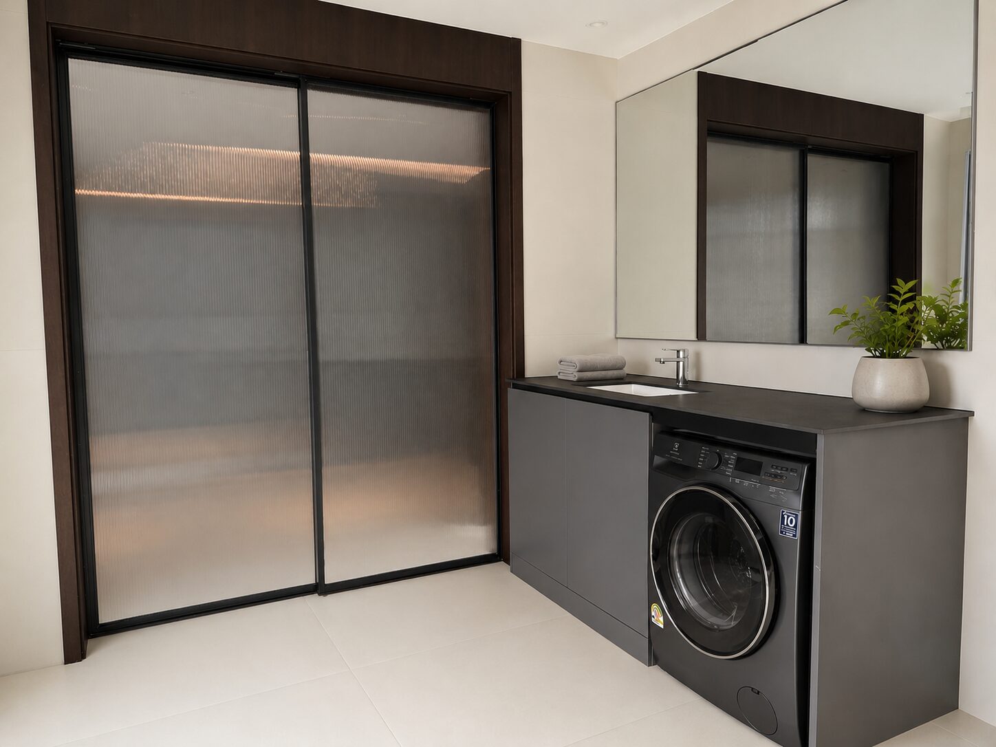Modern laundry room with a front-loading washing machine under a dark countertop, sink, towels, and a potted plant, next to a frosted glass sliding door.