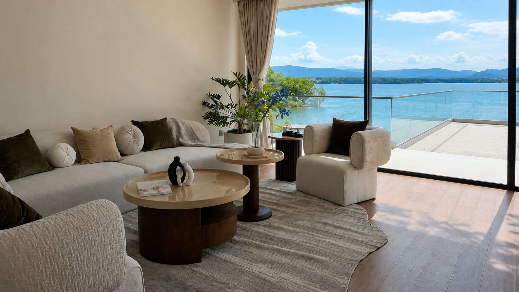 Modern living room with cream sofa and round marble coffee tables, plush throw pillows, and potted plants, open to a glass wall overlooking a lake and distant mountains.