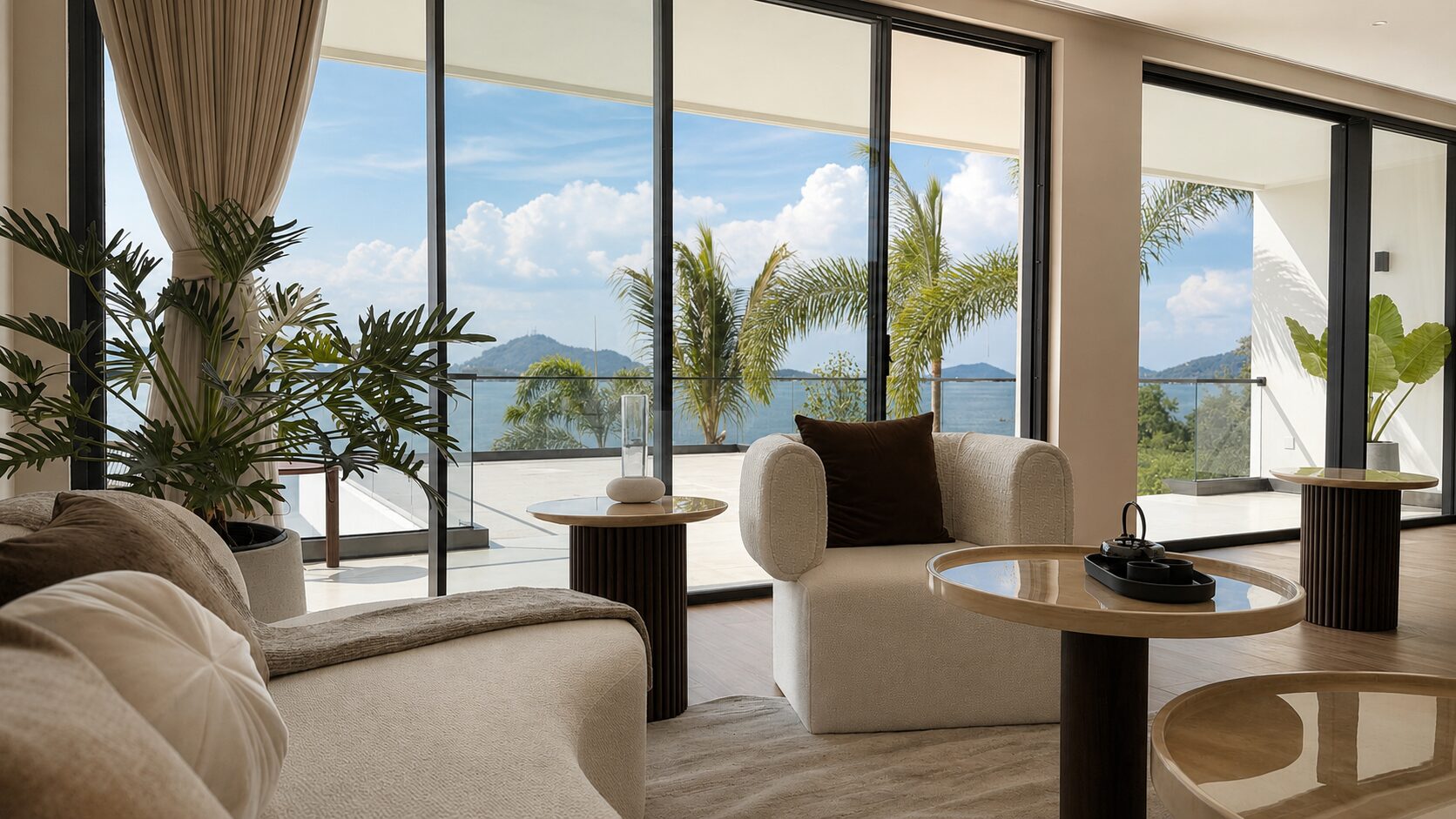 Bright living room with beige sofas, round glass-top tables, and floor-to-ceiling windows overlooking the sea and palm trees outside.