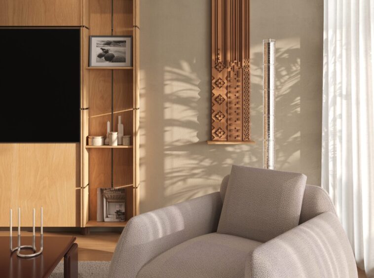 Cozy living room corner with a wood cabinet, decorative shelves and a beige sofa on a soft rug.