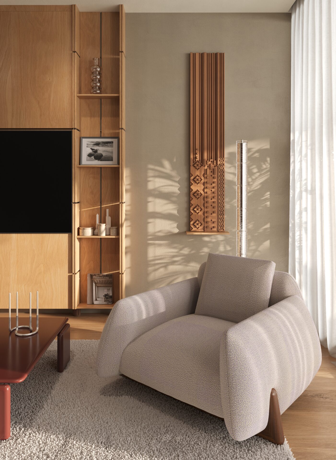 Cozy living room corner with a wood cabinet, decorative shelves and a beige sofa on a soft rug.