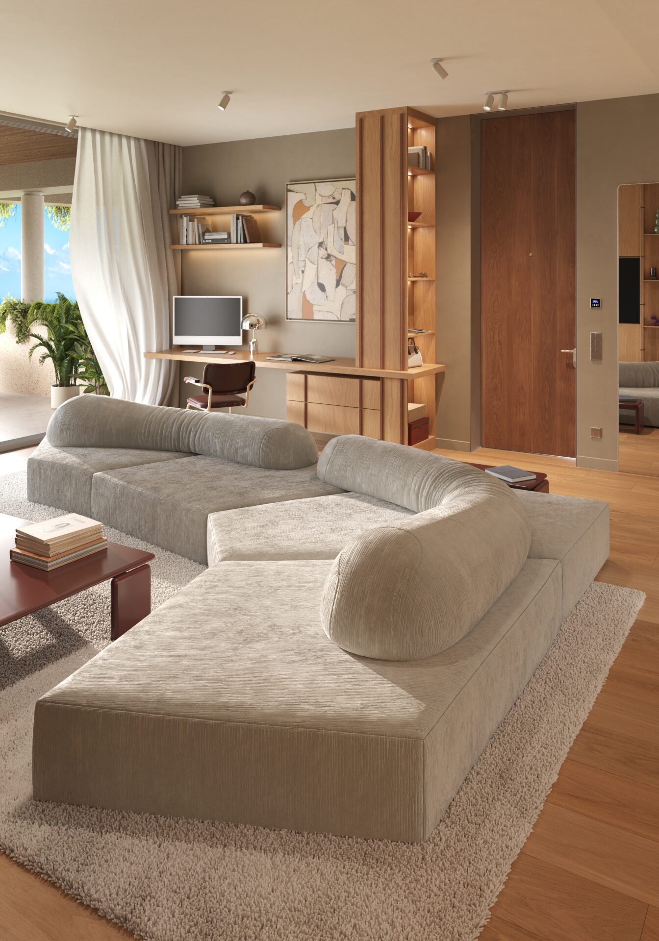 Modern living room with a light gray sectional sofa on a cream shag rug, wooden coffee table and shelves, and large windows with sheer curtains.