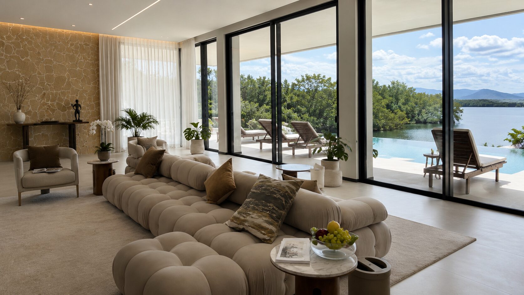Luxurious living room with a long beige tufted sofa, neutral chairs, and potted plants, opening to a pool and lake view through floor-to-ceiling glass doors in a bright space.
