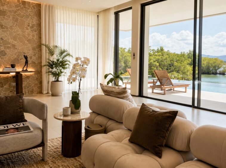 Luxurious living room with a cream tufted sofa and gray armchair, stone accent wall, plants, and floor-to-ceiling glass doors opening to a lake view.