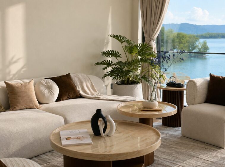 Bright, modern living room with a beige sectional, neutral cushions, and a large window showing a lake view outside.