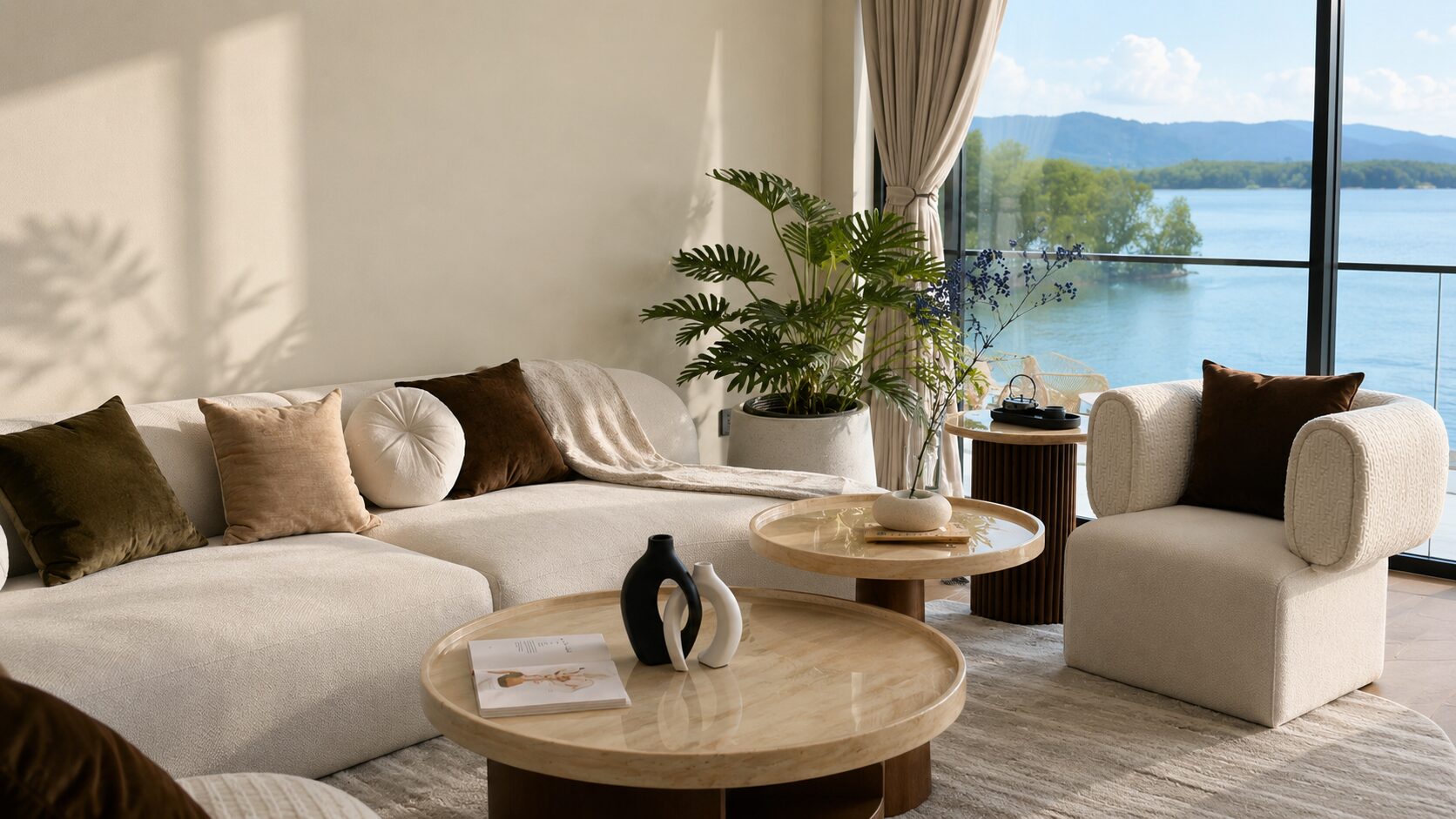 Bright, modern living room with a beige sectional, neutral cushions, and a large window showing a lake view outside.