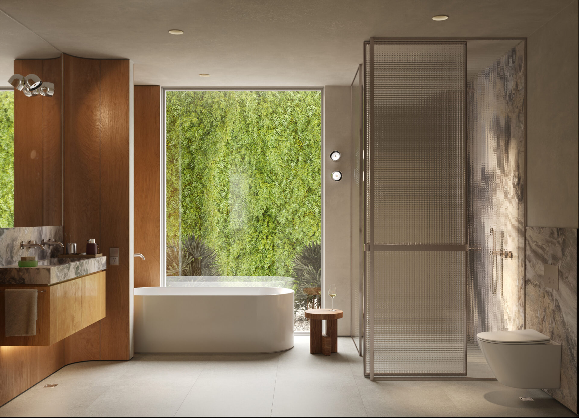 Modern bathroom with a freestanding white tub, wood cabinets, and a glass shower enclosure beside a large window overlooking greenery.