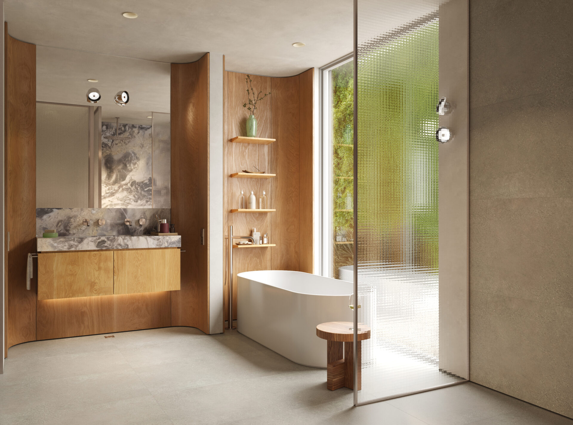Modern bathroom with a freestanding white tub, wood cabinetry, marble sink area, and a textured glass divider by a large window.