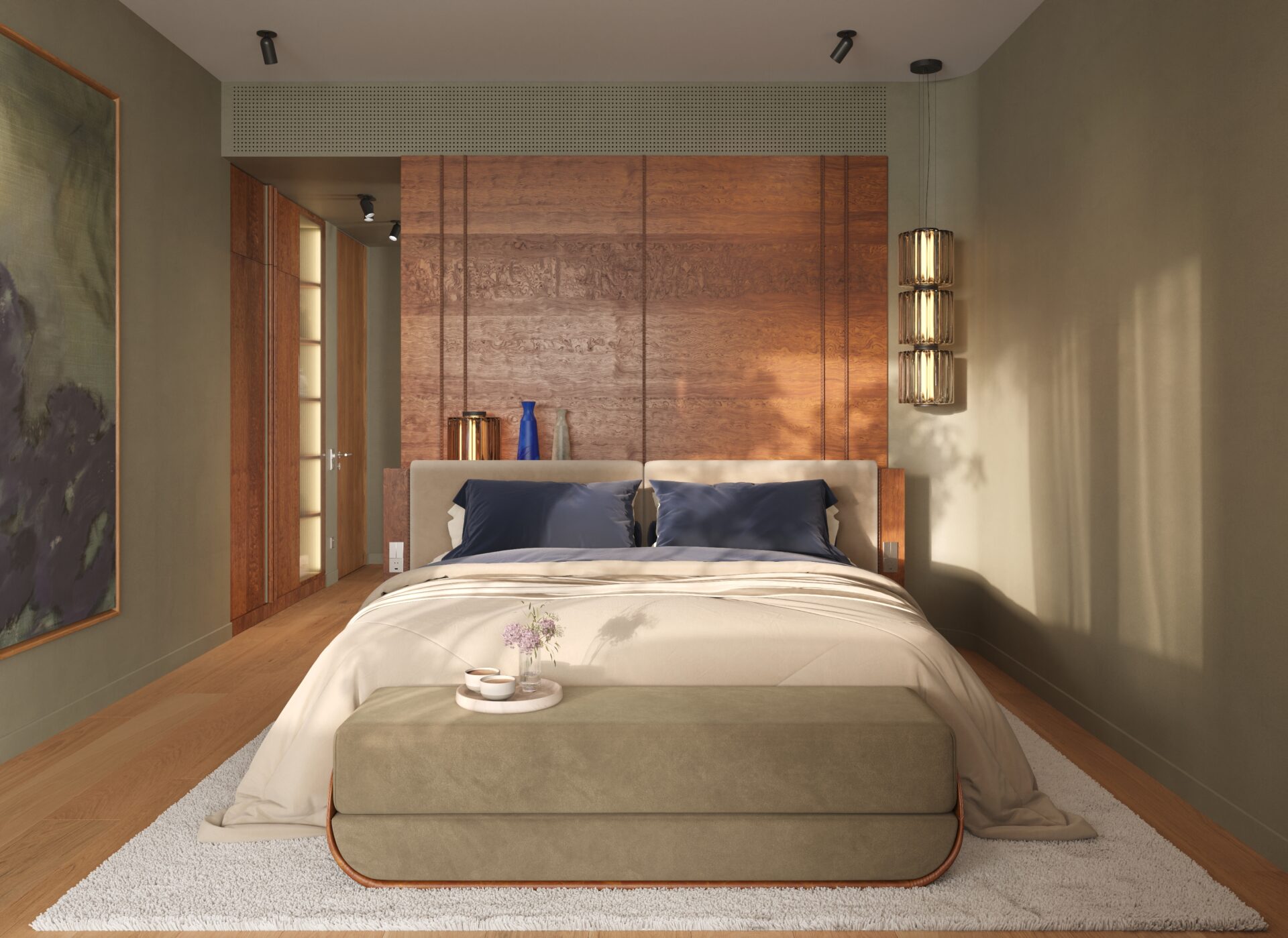 Bedroom featuring a large wood-paneled headboard, beige upholstered bed, and navy pillows; green walls and a white shag rug at the foot.