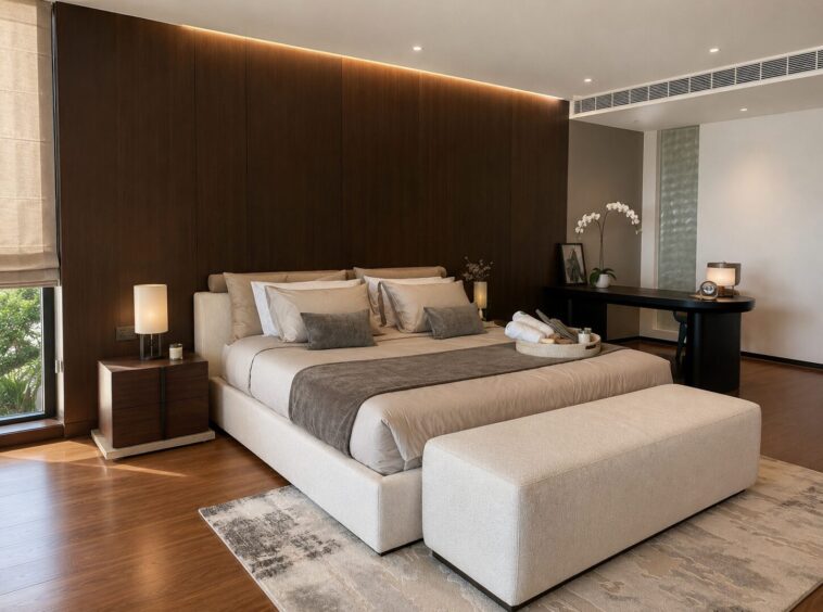 Master bedroom with beige upholstered bed, dark wood paneled wall, and a light gray ottoman at the foot of the bed.