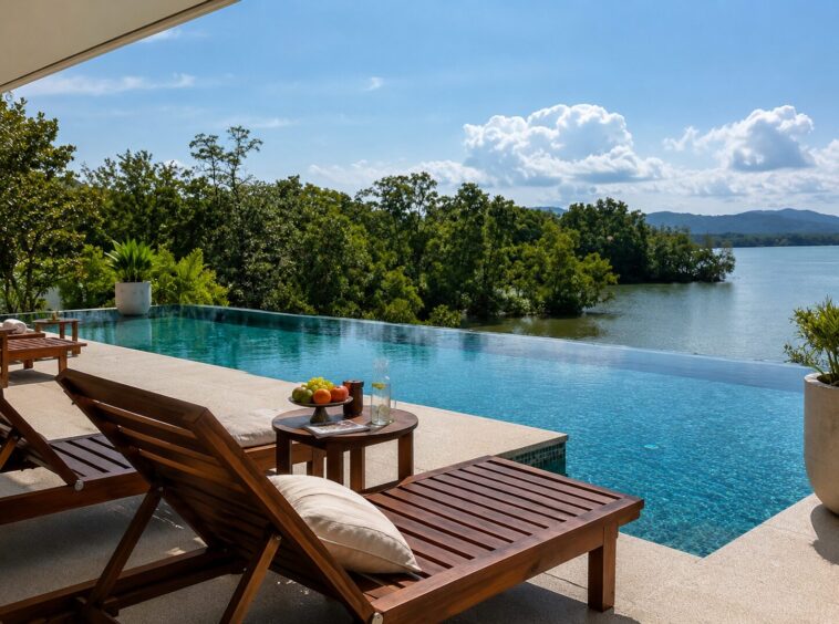 Infinity pool with wooden lounge chairs on a stone deck, overlooking a lake and green trees.