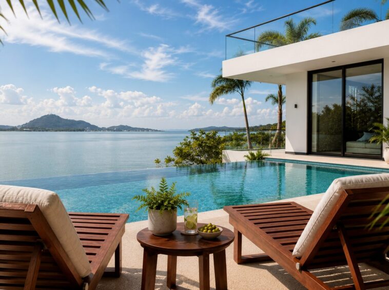 Infinity pool beside a modern white villa with glass balcony, overlooking calm water and distant hills; two wooden loungers with cushions and a small table with drinks.