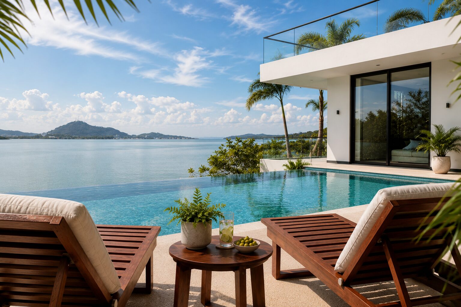 Infinity pool beside a modern white villa with glass balcony, overlooking calm water and distant hills; two wooden loungers with cushions and a small table with drinks.