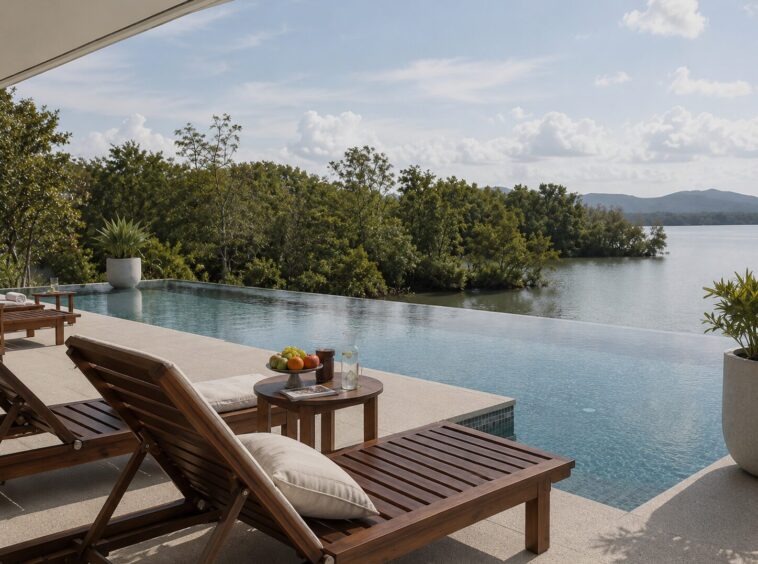 Infinity pool overlooking a lake with trees and distant hills; wooden lounge chairs and a small table with fruit appetizingly arranged.