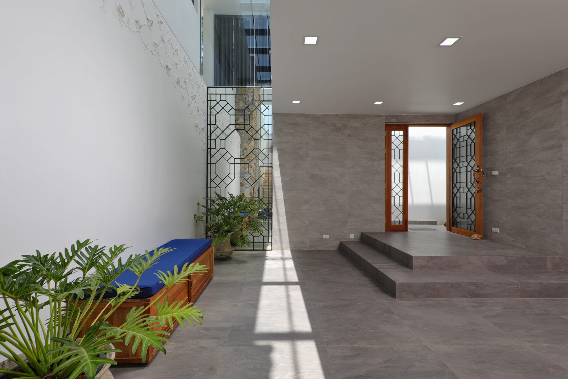 Modern interior entrance: grey tile floors and walls, steps to a wooden-framed door with geometric lattice glass, and potted plants along the left wall.