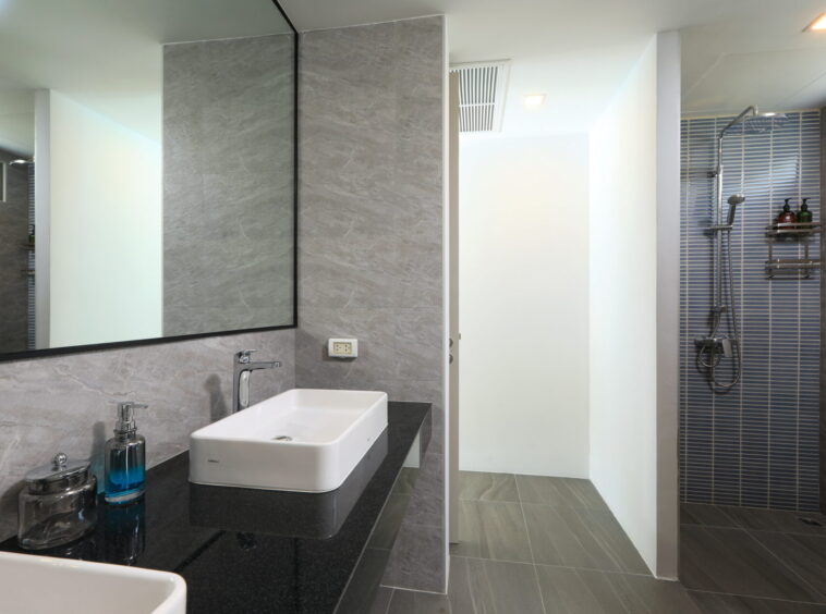 Modern bathroom with a double rectangular sink on a black countertop, large mirror, and a shower with blue tile wall nearby.