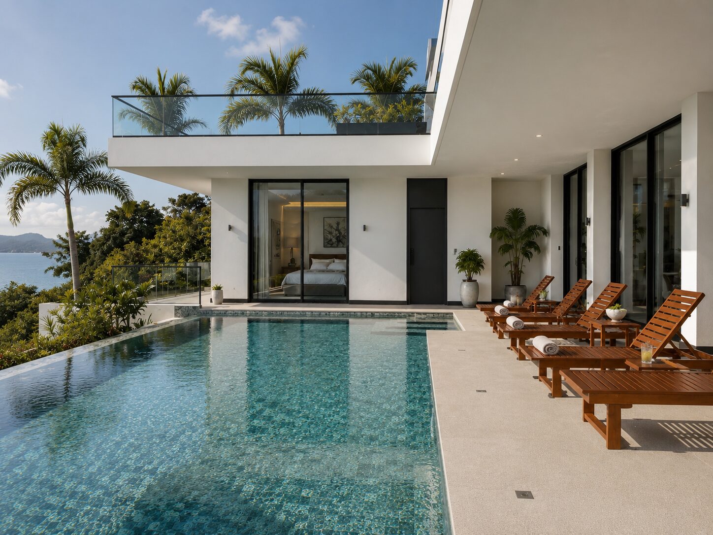 Modern white villa with glass balcony overlooking palm trees and a blue pool; sun loungers line the pool deck.