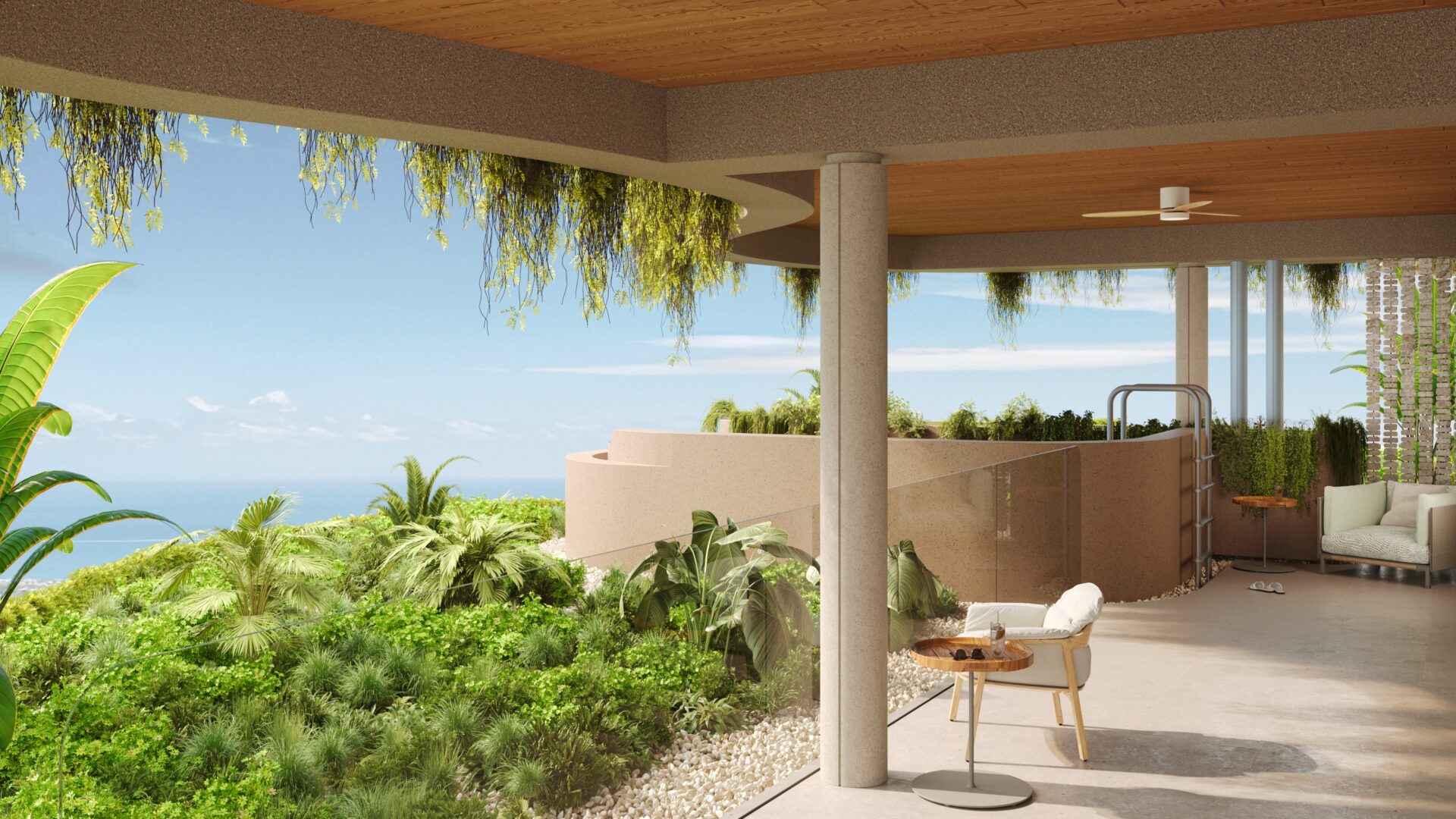 Open-air patio with tropical plants, beige curved walls, and an ocean view beyond a glass railing.