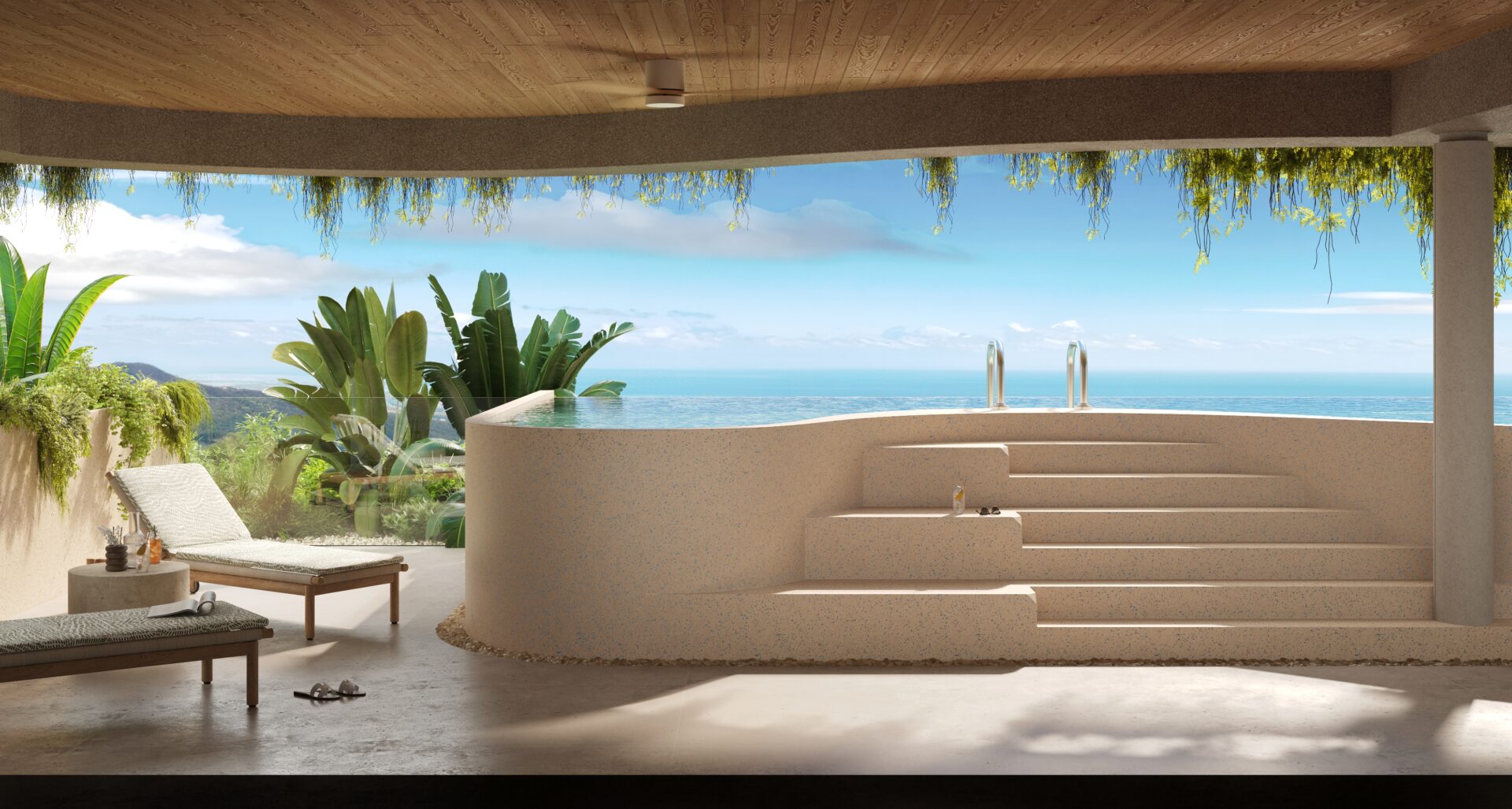 Open-air pool area with curved beige wall, steps, and ocean view beyond, lounge chairs and tropical plants nearby under a wooden ceiling.