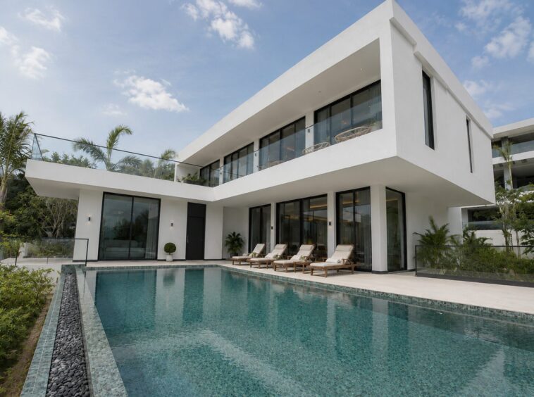 Modern white two‑story villa with glass balcony and a rectangular pool in the foreground to the left.