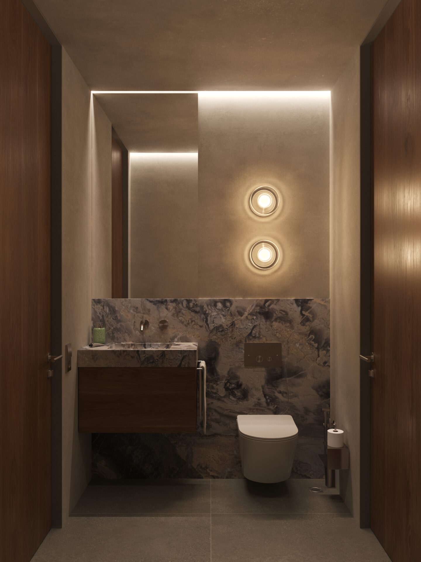 Modern bathroom with marble vanity on left, toilet on right, warm recessed lighting and wood-paneled walls