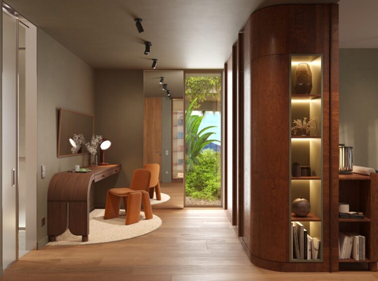 Modern interior with a curved wood wall, built-in shelves, and a desk area facing a glass door to a lush garden outside.
