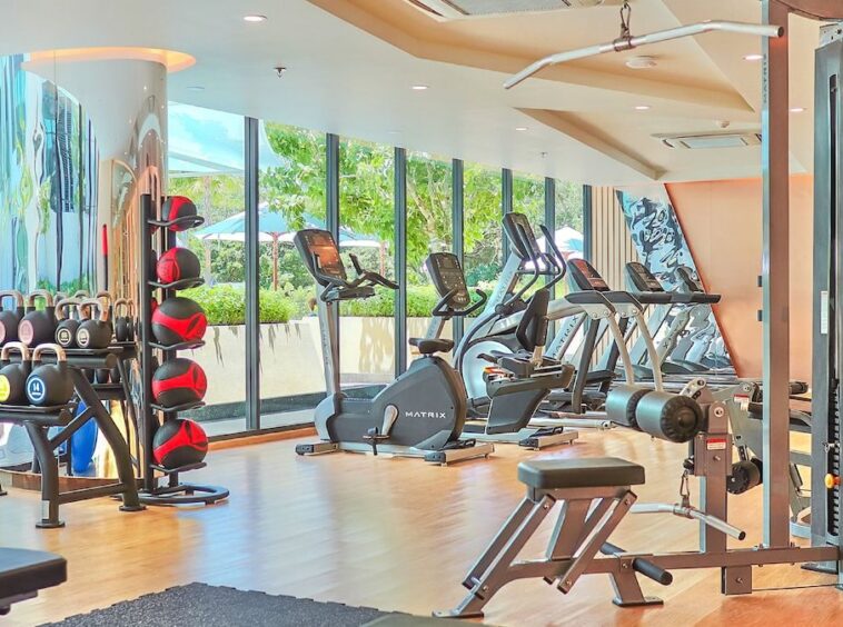 Gym interior with cardio machines (treadmills, bikes) facing large windows, plus kettlebells, medicine balls on racks and weight stack cable machine on the right.