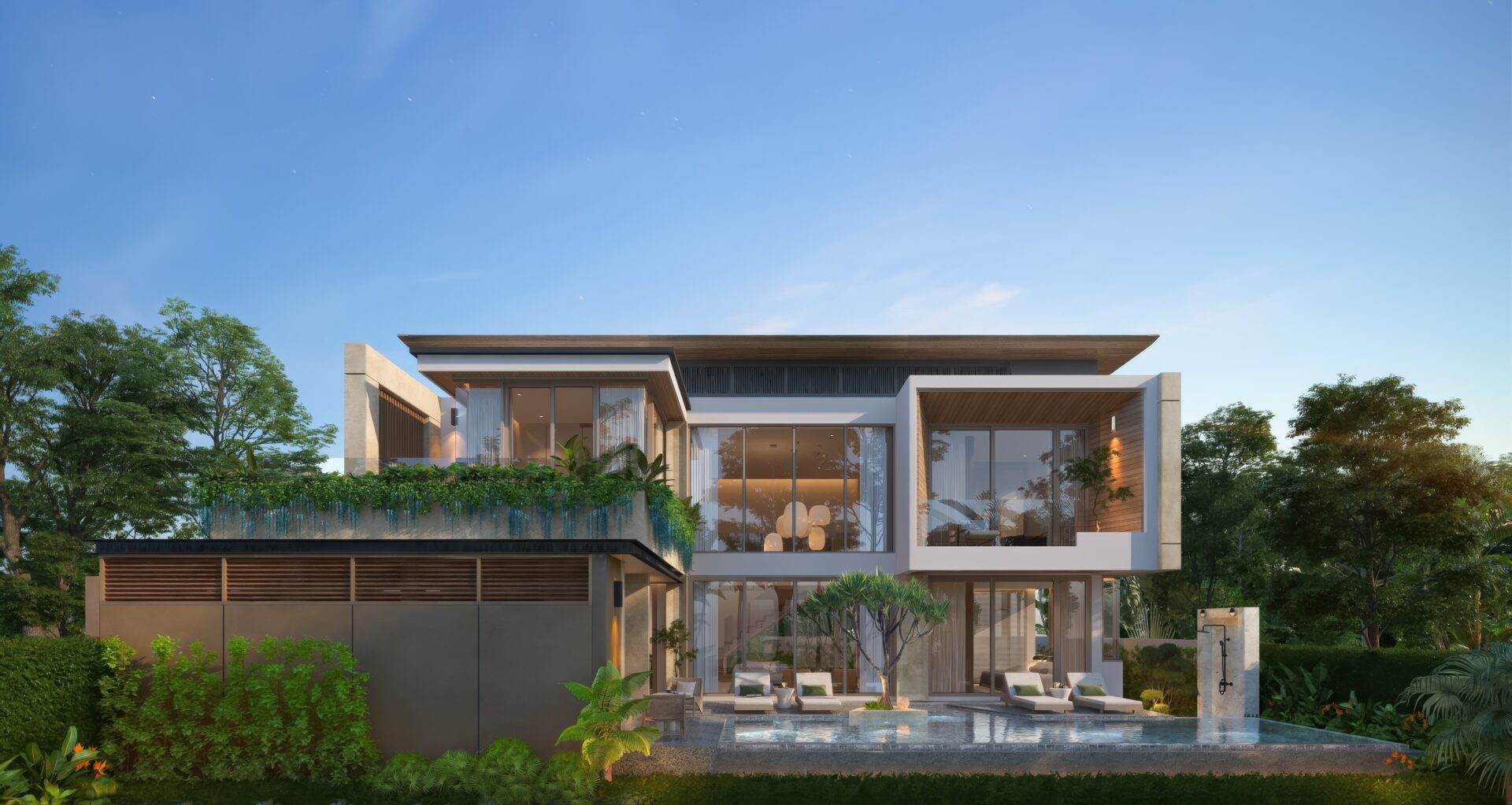 Modern two-story house with large glass walls, outdoor seating by a rectangular pool, surrounded by lush gardens.