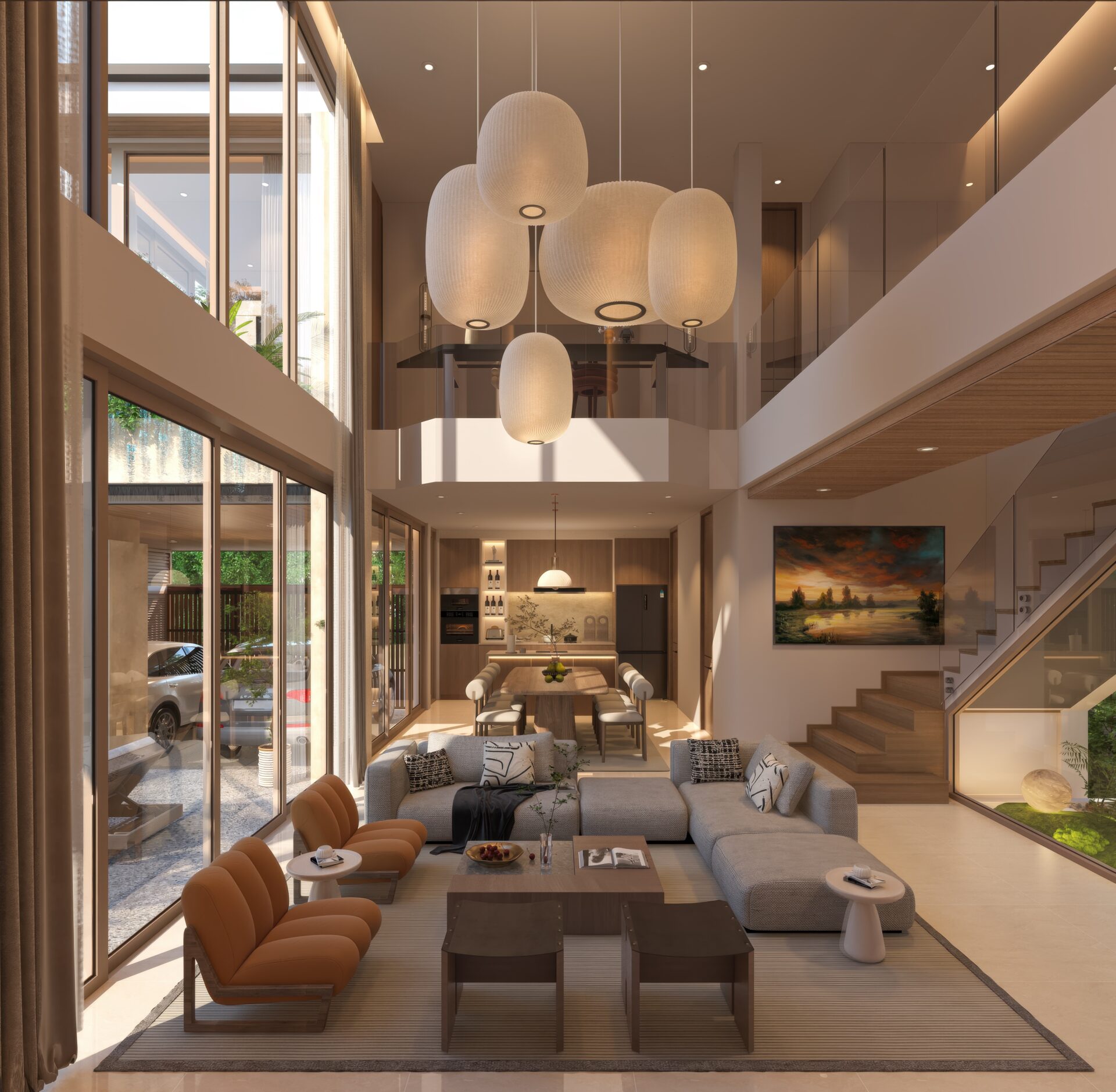 Open-concept living and dining area with a cluster of white oval pendant lights, glass railing, and large windows letting in daylight.
