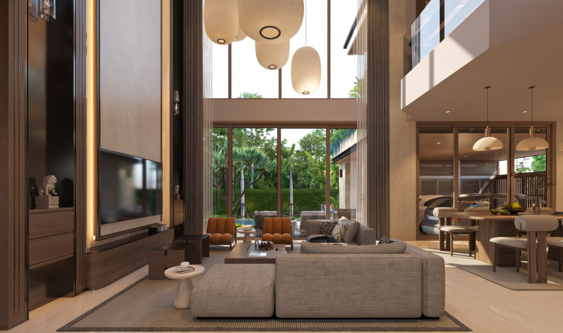 Spacious modern living room with gray sectional sofas, orange chairs, coffee tables, and large windows showing greenery outside.