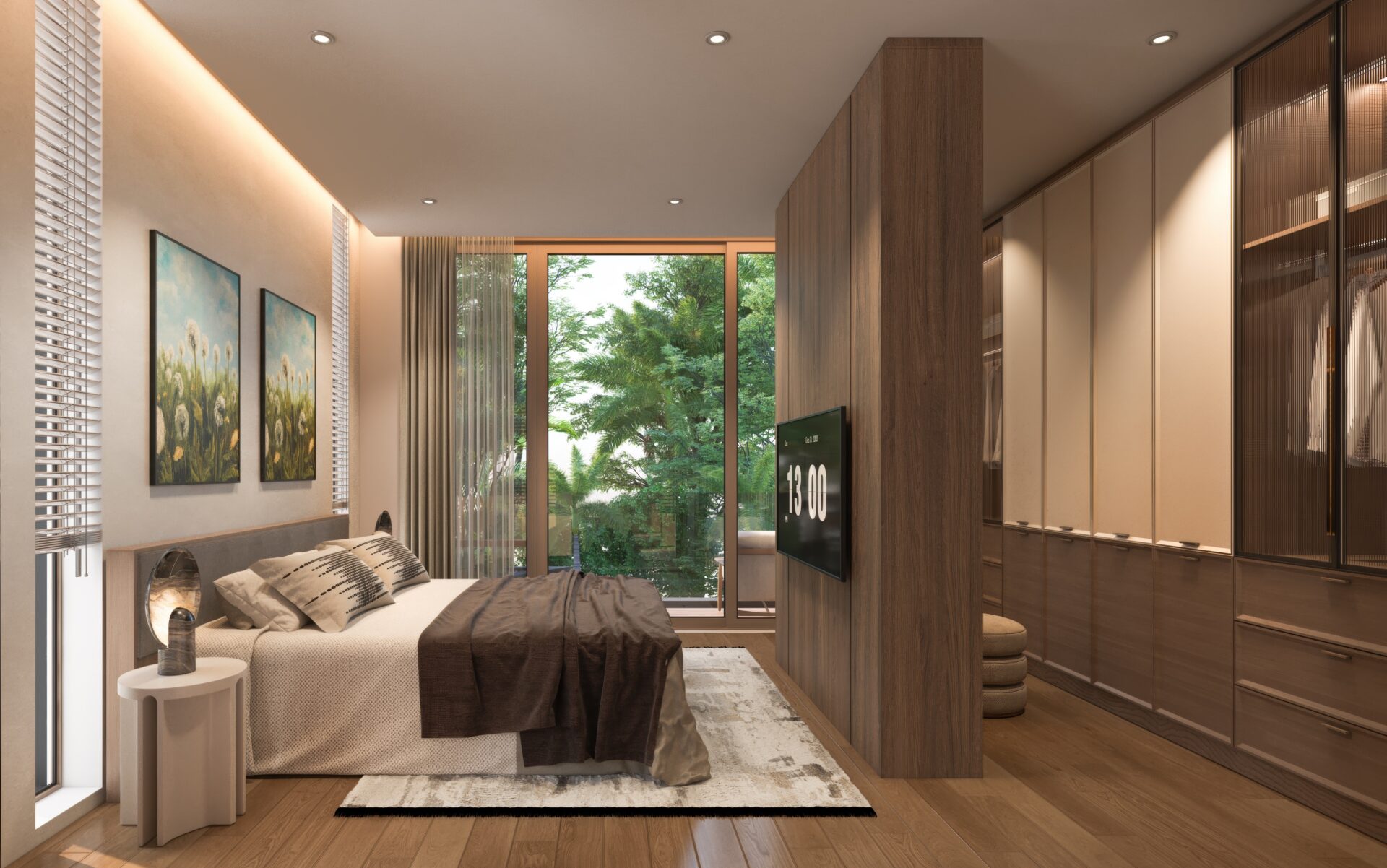 Modern bedroom with a large window showing greenery, a bed with neutral bedding, and a wood-paneled divider separating a wall-mounted TV from built-in wardrobes.