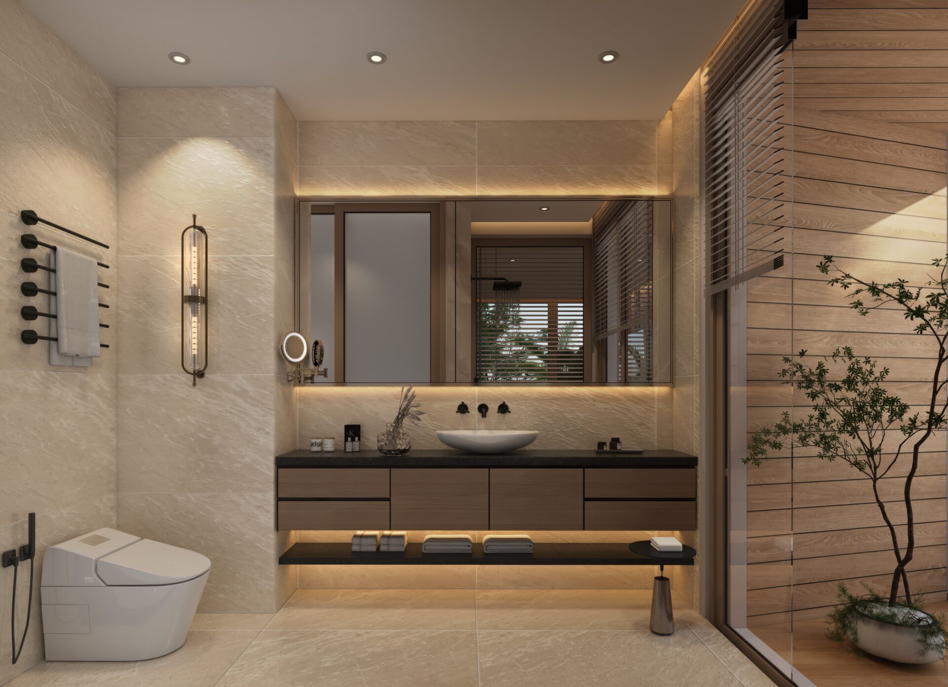 Modern bathroom with a wall-mounted wood vanity, oval sink, and large mirror, beige stone tiles, and warm under-cabinet lighting.