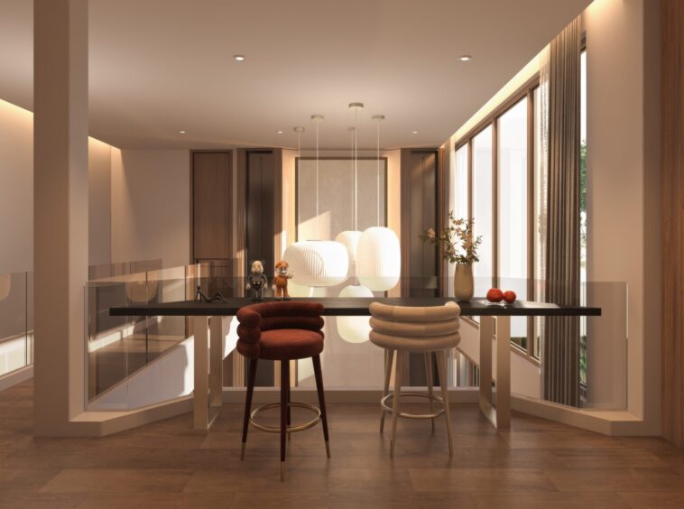 Modern dining area with a glass railing, dark wooden table, two curved stools, pendant lamps, and large windows with curtains.